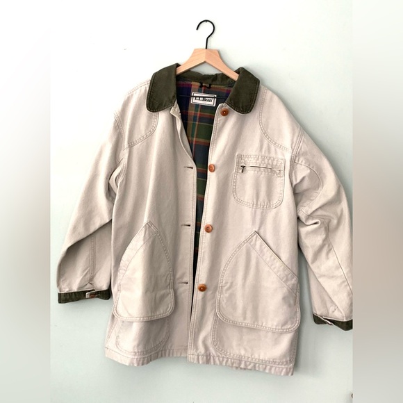 L.L. Bean Other - Vintage L.L. Bean Chore Jacket Men’s Large Tan Canvas Plaid Lined Relaxed Flawed